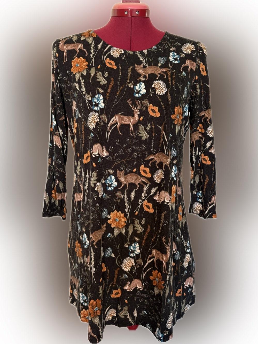 Tu Clothing Woodland Animal Floral Mini Dress Tunic Fox Deer UK 14
